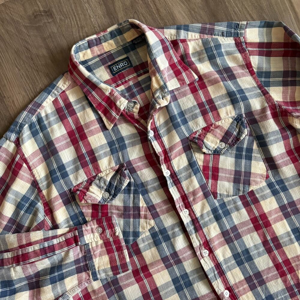 Vintage 1970s Enro Button Up Shirt Men's Size XL Plaid Striped Flannel Distress